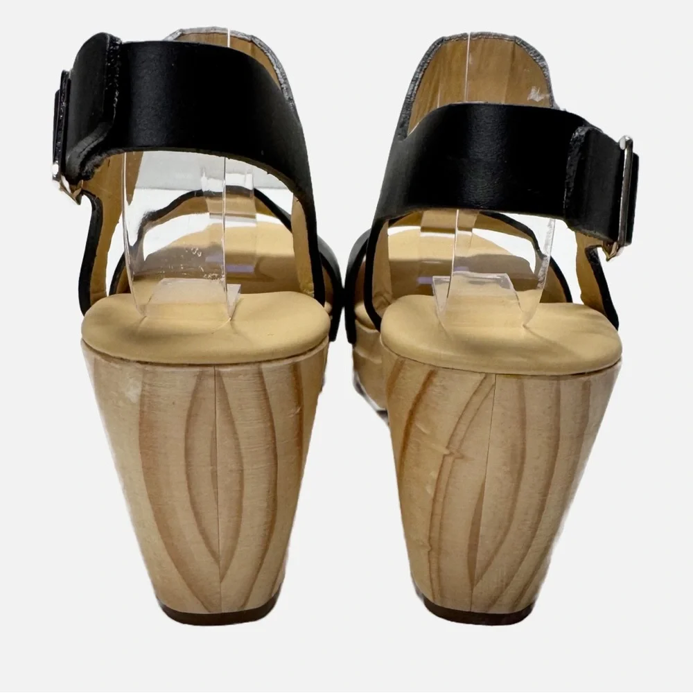 Nisolo Black Leather Platform Sandal with Wood Heel